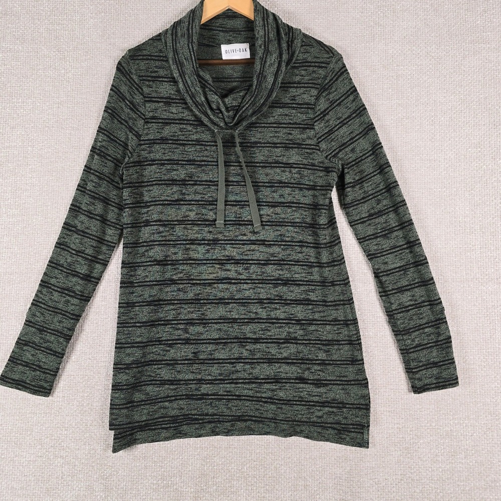Olive + Oak Womens Green Black Striped Cowl Neck Tunic Top Size Medium
